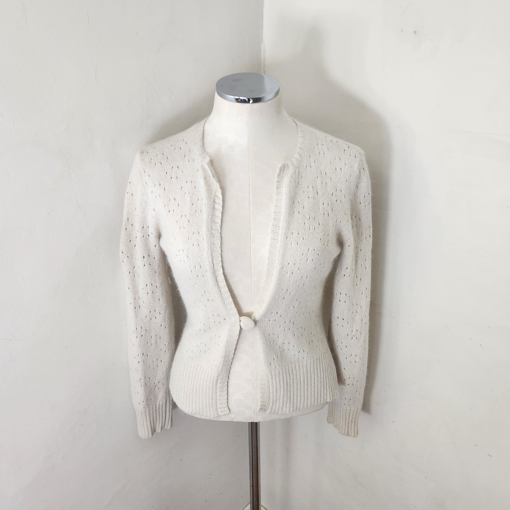 Vintage Frost‎ Silk Angora Rabbit Hair Pointelle Cardigan Sweater Cream Womens M